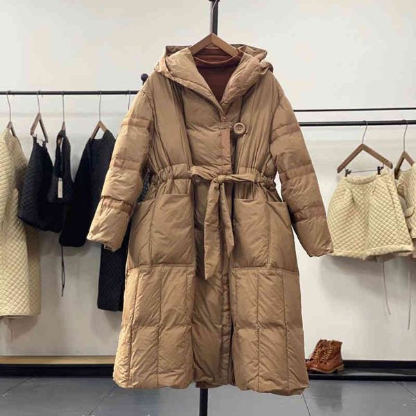 

ailegogo - women's loose hoodie, white duck down casual coat, long feather coat with belt, 90% snowsuit, Black