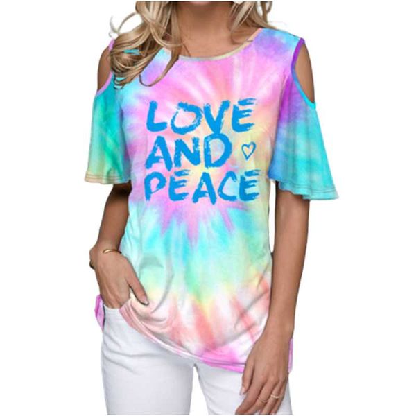 

women's t-shirt 2021 summer casual women tie dye short t shirt cold shoulder love and peace print sleeve tshirt harajuku camiseta mujer, White