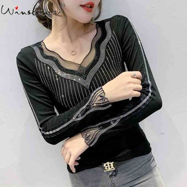 

women's t-shirt fall winter european clothes t-shirt chic v-neck transparent shiny diamonds women ropa mujer cotton tees, White