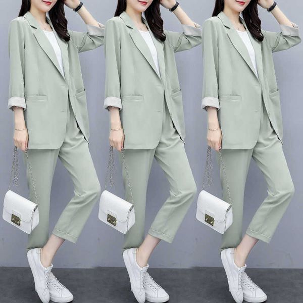 

vintage women pant suit casual fashion light green notched blazer jacket office wear suits female sets 210930, White