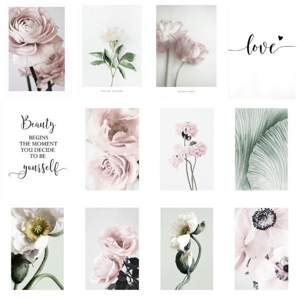 

paintings wall art decoration fresh pink flower painting canvas poster girl room decor aesthetic green leaves living home