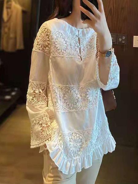 

women's blouses & shirts white lace long sleeve mesh patchwork chemise pullover vintage embroidered shirt women