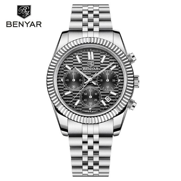 

wristwatches benyar business men quartz luxury sapphire glass 100m waterproof stainless steel chronograph watch for, Slivery;brown