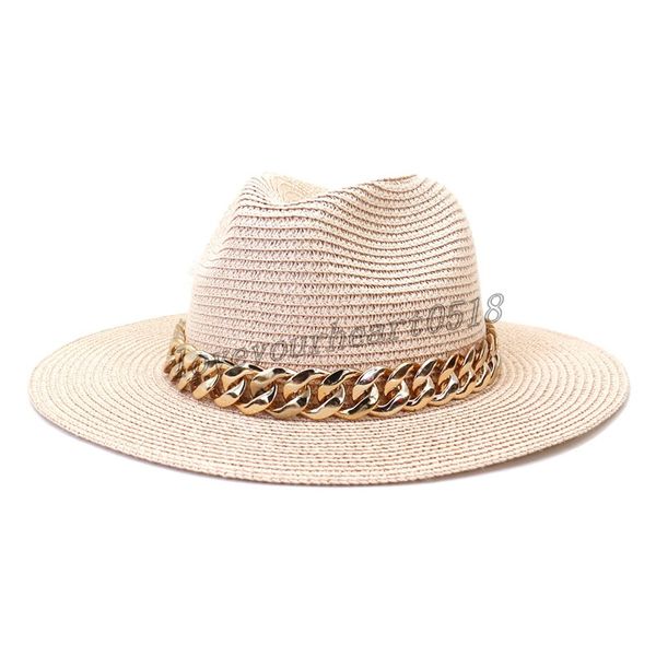 

fashion gold chain belt panama straw hats for women summer breathable beach sun hats elegant ladies party jazz hat, Blue;gray
