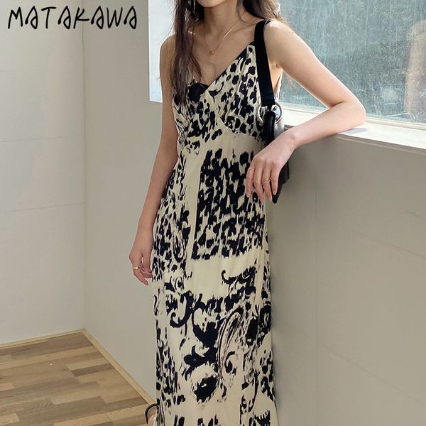 

matakawa oil painting woman dress v-neck suspender robe femme spring and summer vestidos spaghetti strap long dresses 210513, Black;gray