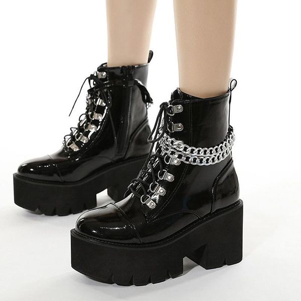 

boots large size women ankle fashion pu leather chain platform woman shoes thick high heels ladies short booties female footwear, Black