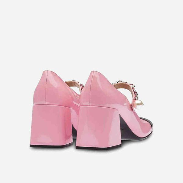 

mary janes women's shoes, leather square heel round toe shallow buckle 2022, Black