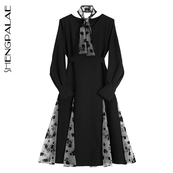 Herbst Frauen Vintage Lose Hohe Taille Schlank War Dünn Elegante Spitze Splice Hit Farbe Maxi Kleid ZA5726 210427