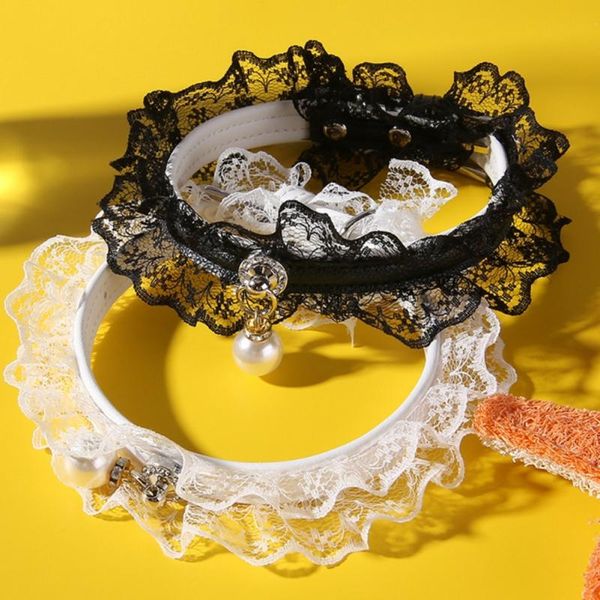 

cat collars & leads pet collar with bell leather adjustable black white lace puppy kitty necklace small medium dog