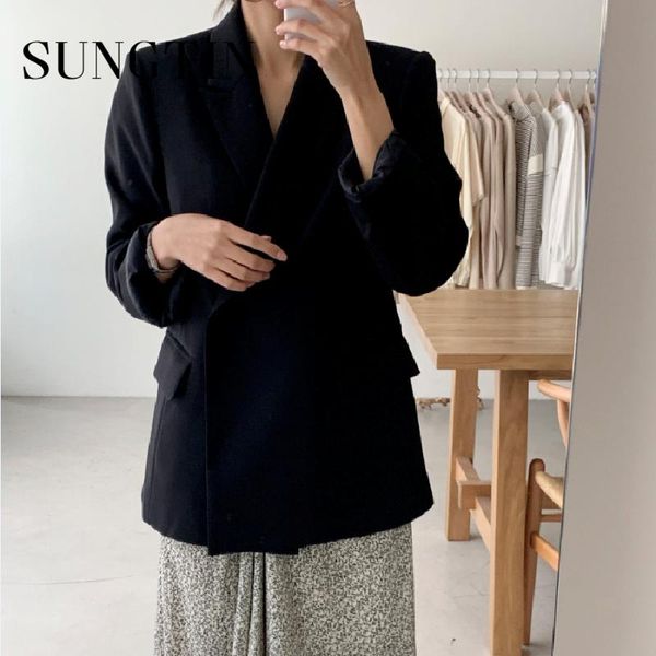 

sungtin single button office lady blazer women slim casual suit ol black korean elegant coat female chic 2021 women's suits & blazers, White;black