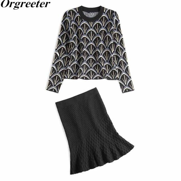 

women's two piece pants european fashion 2021 fall winter color matching jacquard crochet sweater and lotus leaf bodycon skirt female 2, White