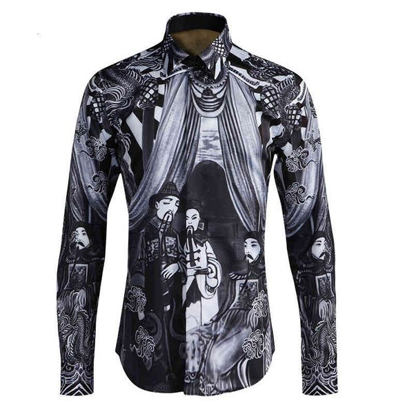 

tee shirt shirt luxury allover printed long sleeve men shirt slim fit mens plus size 4xl chinese style shirts man, White;black
