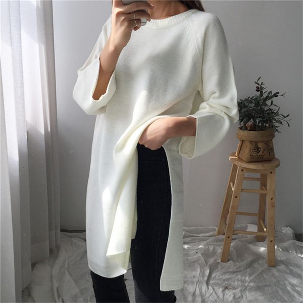 

sweaters lazy style white solid chic all-match knitted autumn casual split pullovers o-neck loose mid-length sweaters, White;black