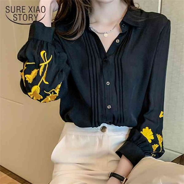 Office Lady Turn Down Collar Camicie Ricamo Floreale Donna Camicetta e Top Abbigliamento femminile in chiffon nero 12863 210415