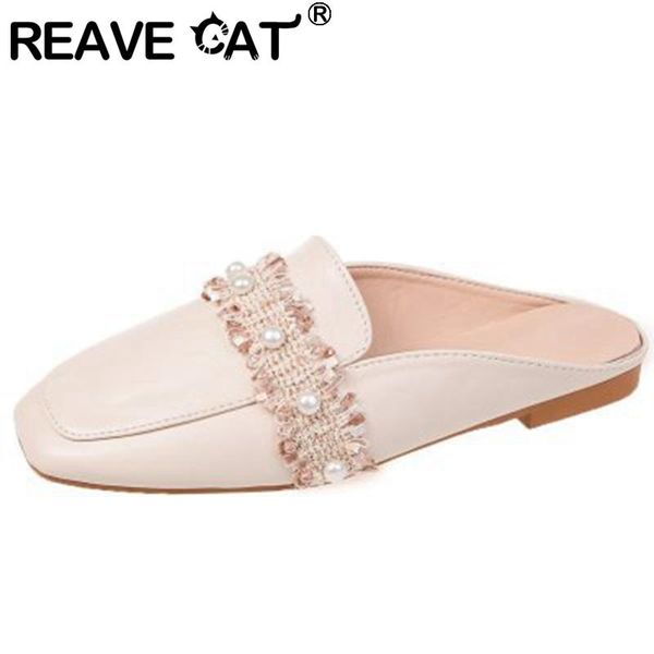 

women 2021 slippers square toe slip-on pearl classic luxury concise designer comfy big size 35-40 casual a3688, Black