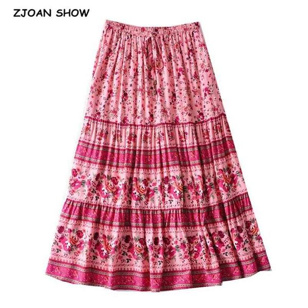 

bohemia spliced pleated floral print long skirt hippie women adjust stream elastic waist swing skirts holiday beach 210429, Black