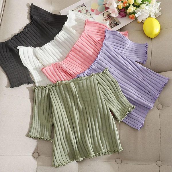 

women slash neckt-shirts off shoulder knitting crop short sleeve stretchy ruffles hem t-shirts stripes for women's t-shirt, White