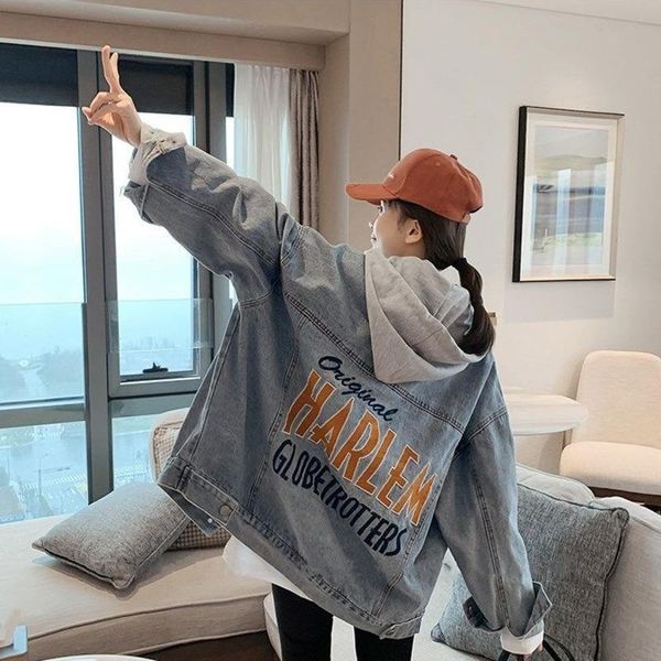 

women's jackets loose deconstructable hooded letter embroidered denim jacket women blue vintage jean streetwear fashion outerwear femal, Black;brown