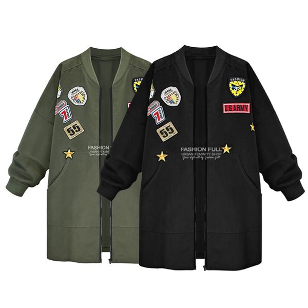 

women's wool & blends loose mid-length zip autumn women cardigan personalized patch jackets large size causal coat wholesale for ladies, Black