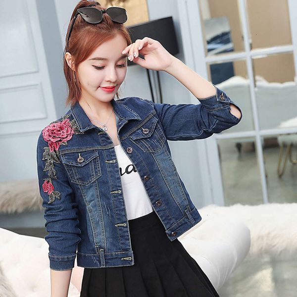 

jackets coats spring and autumn wash stretch show thin flower embroidery denim jacket women's fashion qd5u, Black;brown