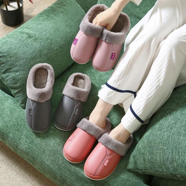 

slippers shoes woman 2021 for home lovers cotton pu leather furnishing indoor warm soft bottom fluff female flip flop, Black