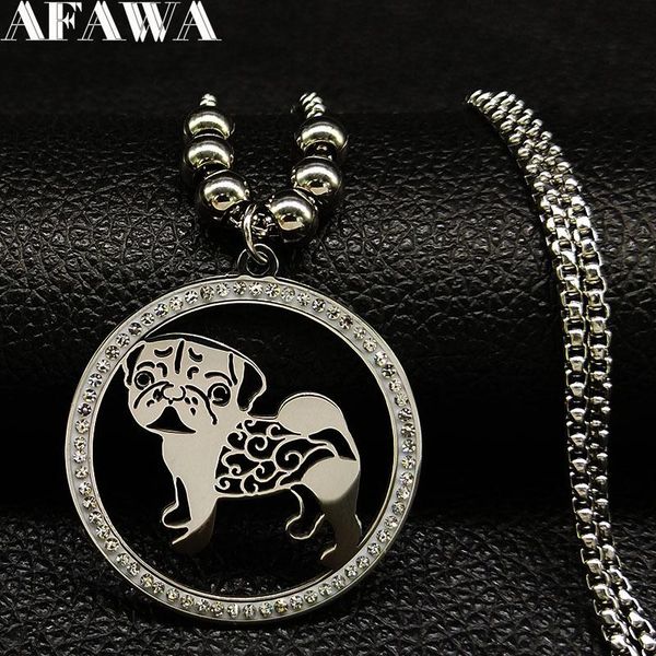 

pendant necklaces 2021 fashion pug dog stainless steel statement necklace for women silver color bead long jewelry cadenas mujer n133s01