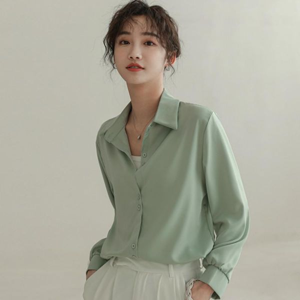 

women's blouses & shirts 2021 spring turn-down collar solid chiffon shirt female long-sleeved professional wear outfits casual woman, White