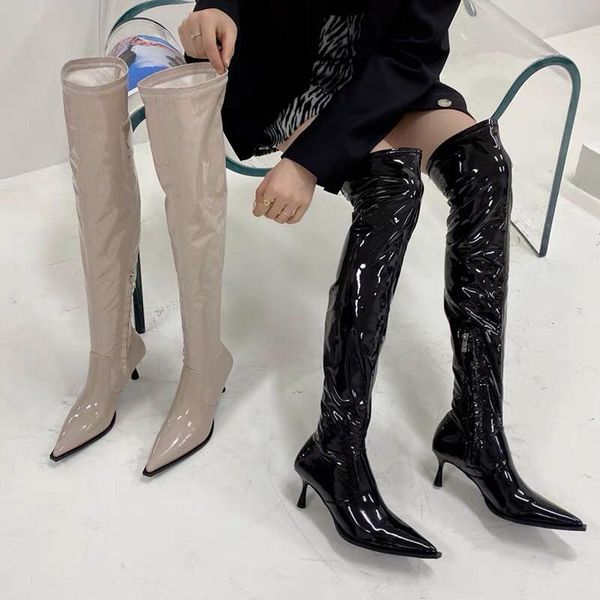 

boots gliruis 2021 women shoes 2021autumn and winter pointed thin high heel knee length lacquered skinny fashion black