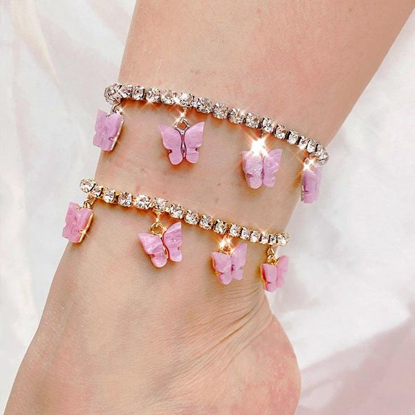 

anklets cute acrylic butterfly charms for women gold silver color iced out ankle bracelet beach sandals 2021 female jewelry gift, Red;blue