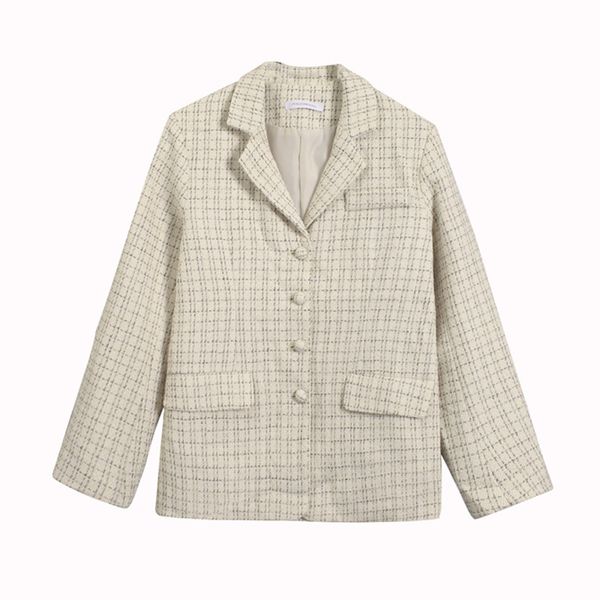 

women black beige plaid tweed blazer jacket outerwear pocket button notch collar vintage c0180 210514, White;black
