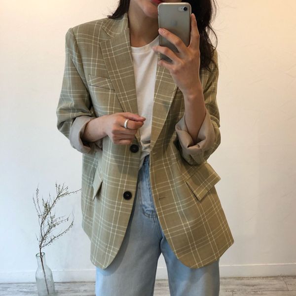 

suits england style women casual blazers coats autumn long sleeve plaid single breasted pocket korean office work outwear ispl, White;black