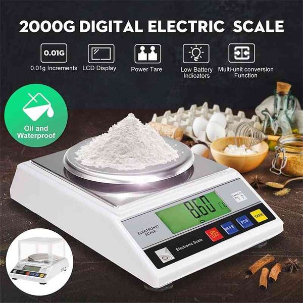 2000g / 0.01g Electronic Digital Scale LCD Display Display Backlight LB Comida Cozinha Peso Balanço Gram Bandeja Precisão Alta Precisão 2KG 210401