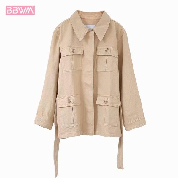 

women's jackets 2021 autumn lapel long sleeve belt tooling female coat single-breasted beige pocket harajuku jacket western, Black;brown