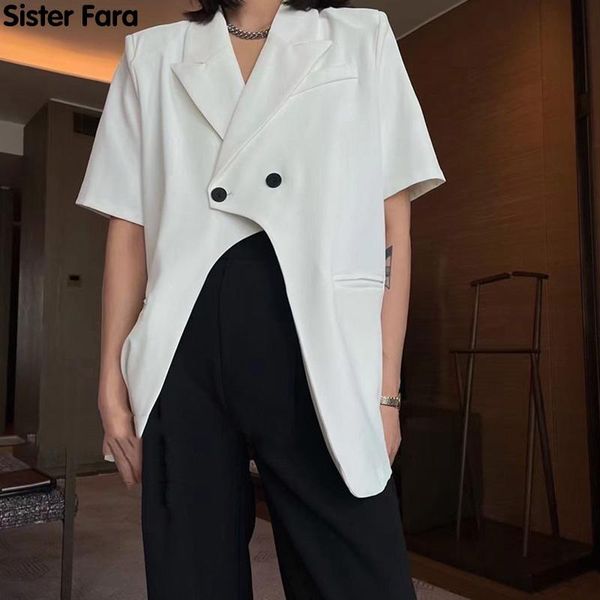 

women's suits & blazers sister fara chic asymmetrical casual blazer ladies summer thin short sleeve suit loose elegant jacket coat, White;black