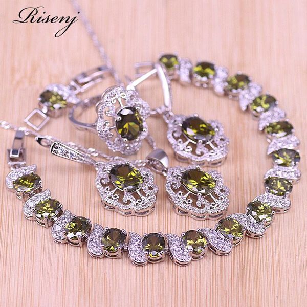 

risenj egg square olive green zircon silver color jewelry set for women bracelet earrings ring necklace amazing present &