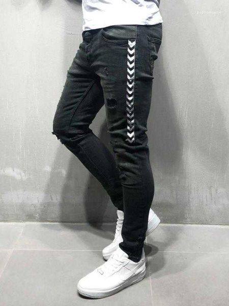 

men's jeans panelled slim pencil pants street hiphop trousers skinny long designer mens fashion hole ribbon 9xd0, Blue