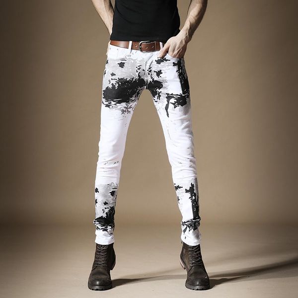 

american streetwear fashion men jeans painted designer slim fit punk trousers biker homme hip hop pants mens skinny men's, Blue