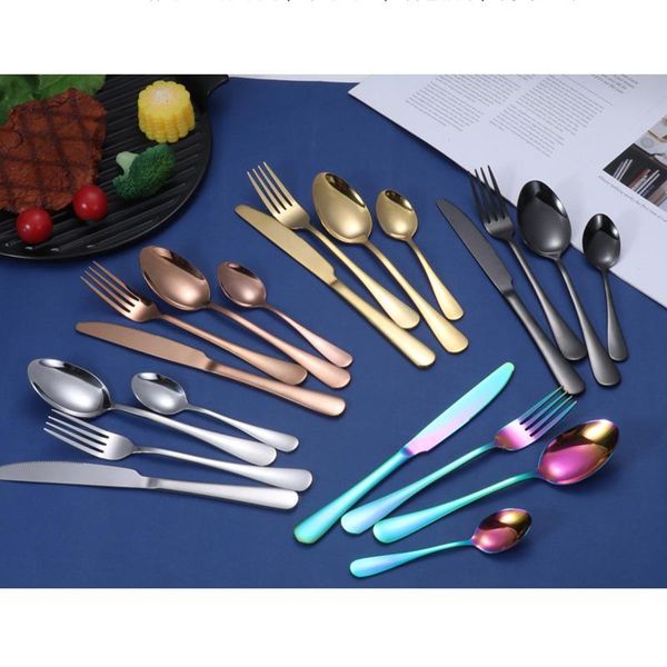 

gold cutlery set stainless steel tableware dinner sets western dishes knives fork coffee spoons kitchen dinnerware