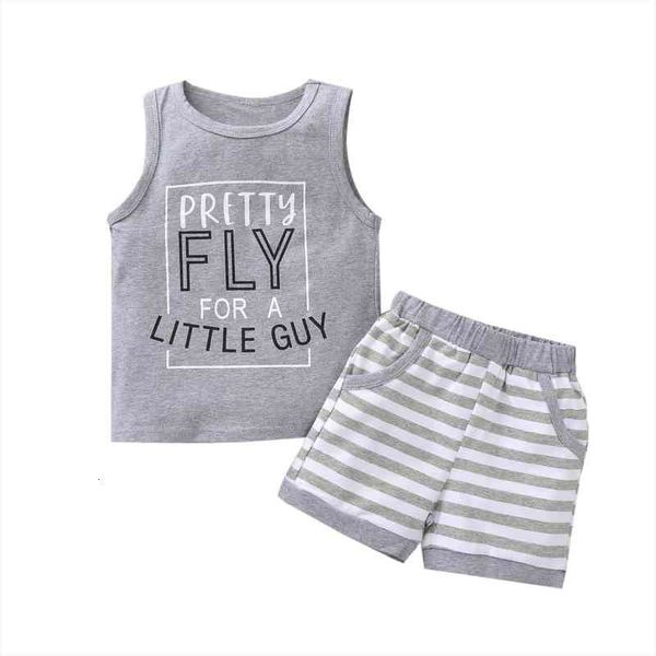 

summer kids baby boys fashion 2-piece outfit set sleeveless letter print striped shorts set gray clothes, White
