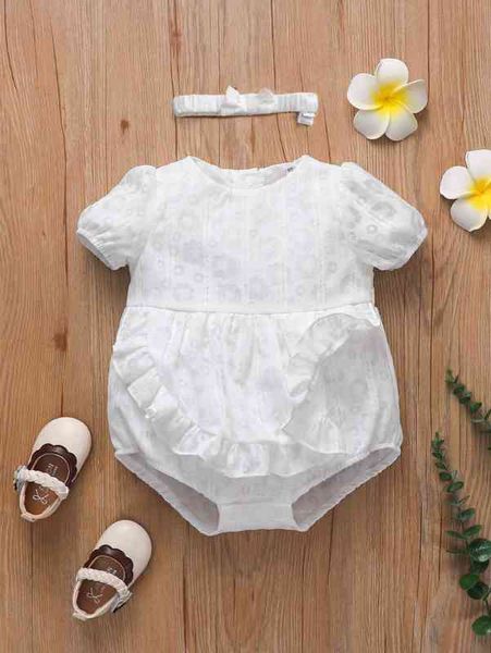 

baby puff sleeve ruffle trim bodysuit with headband she, Blue