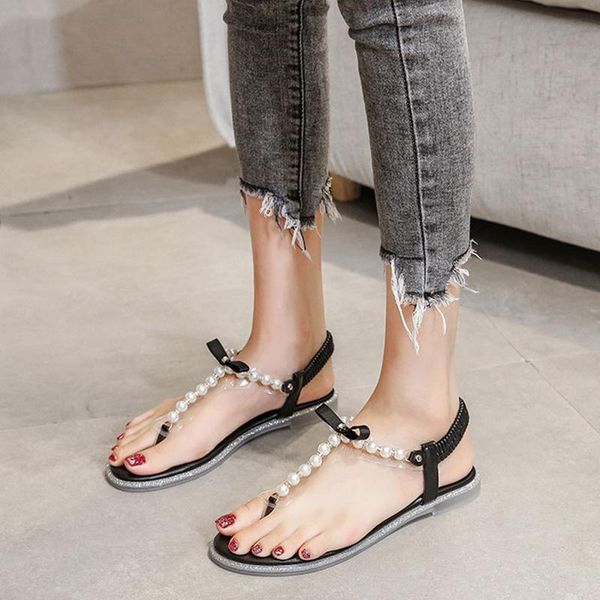 

sandals women thong pearls clip toe ladies casual shoes summer plus size slip on flats female footwear, Black