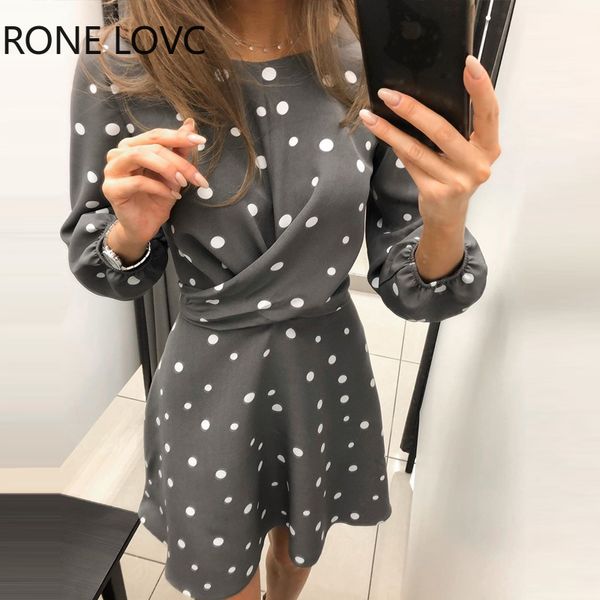 

2021women elegant fashion long sleeve round neck dots dress mini dress party dress, Black;gray