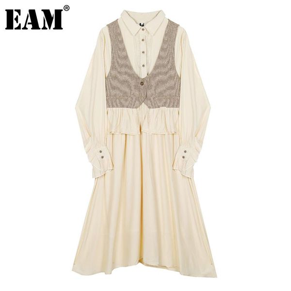 

[eam] women vintage pleated iregular elegant dress lapel long sleeve loose fit fashion tide spring autumn 2021 1dd4309 casual dresses, Black;gray