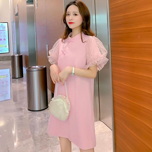 

maternity dresses 2021 summer sweet gauze hubble-bubble sleeve splicing pregnant women dress a-line princess party, White