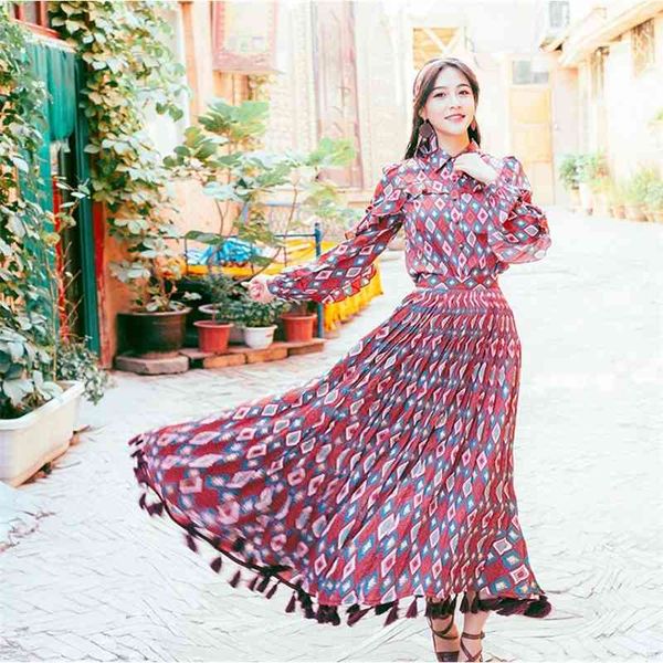 

vintage autumn chiffon plaid floral print bow shirt women 2 pcs set + high waist tassel long ball gown beach skirt set 210514, White