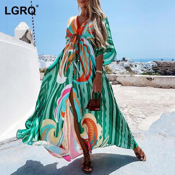 

casual dresses [lgrq] women blue printing bandage split dress arrival v-neck long sleeve fit fashion tide spring summer 2021 19d2449, Black;gray