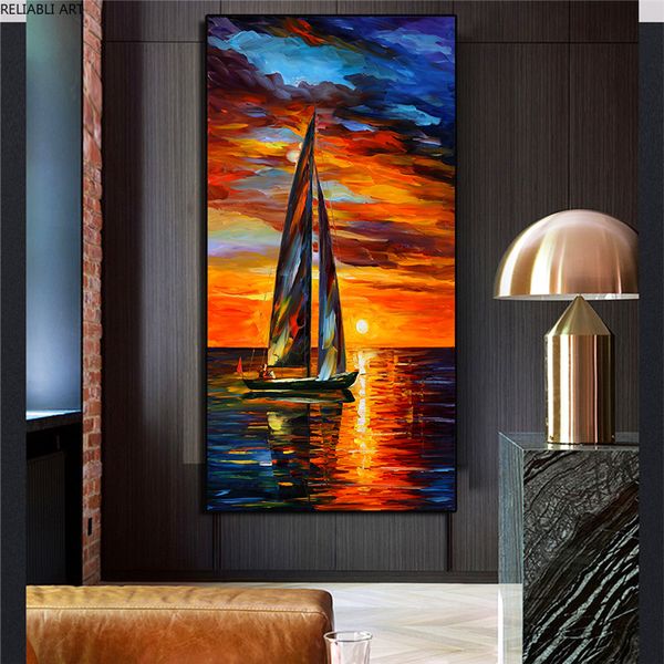 Decorações de parede de paisagem moderna pintura em tela para sala de estar barco oceano pôr do sol vermelho céu pintura a óleo decoração de casa nórdica