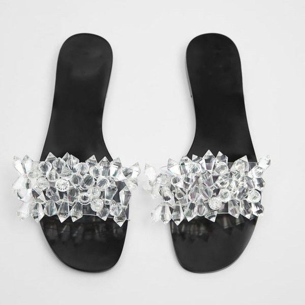 

blingbling crystal women slides slippers summer clear upper falt beach big size 42 outside, Black