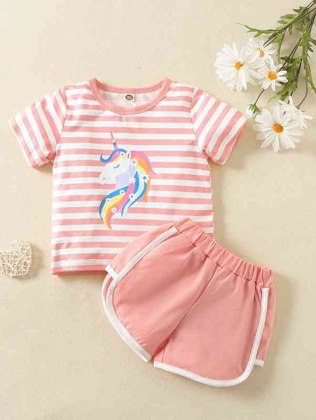 

baby striped and unicorn print tee & contrast binding shorts she, White