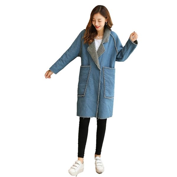 

cotton coat women 21 autumn winter korean fashion denim thick warm lapel solid color mid-length jacket female lr1357 210531, Black